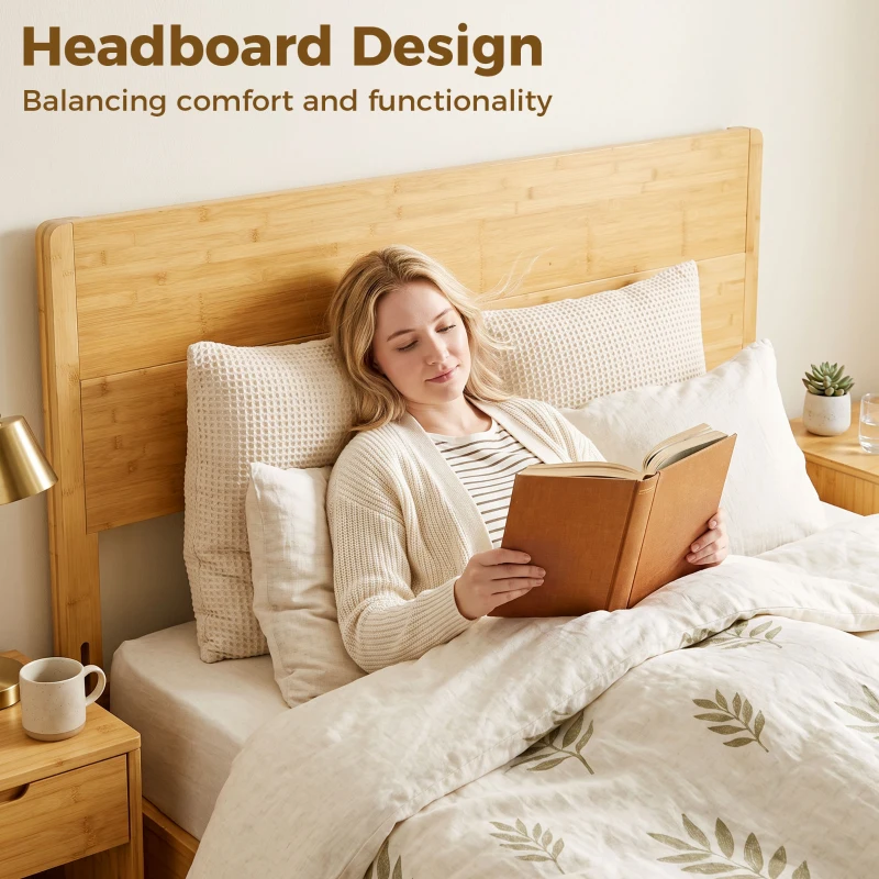 HOMCOM Queen Size Bamboo Platform Bed Frame with Headboard and 12 Poplar Slats, No Box Spring Needed, Easy Assembly, Natural