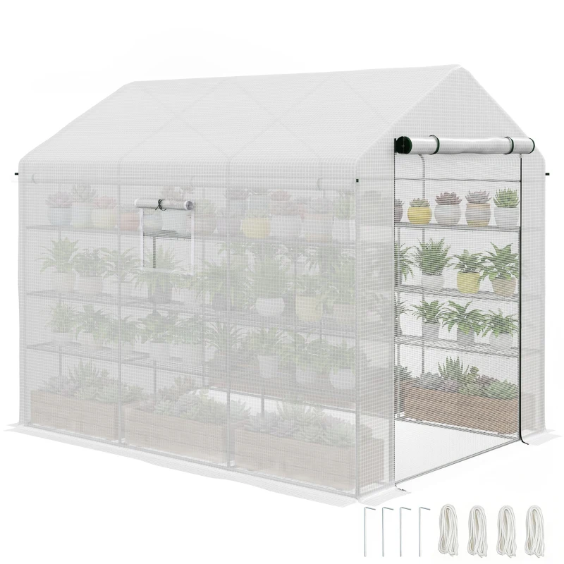 Outsunny 8' x 6' x 7' Portable Walk in Greenhouse with Mesh, Door, Windows, 18 Shelf, Trellis, Plant Labels, White