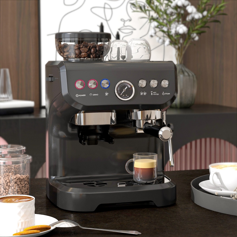 HOMCOM Espresso Machine, 15 Bar Barista Coffee Maker with Milk Frother, Fast Heating, Grinder for Espresso, Latte, Cappuccino