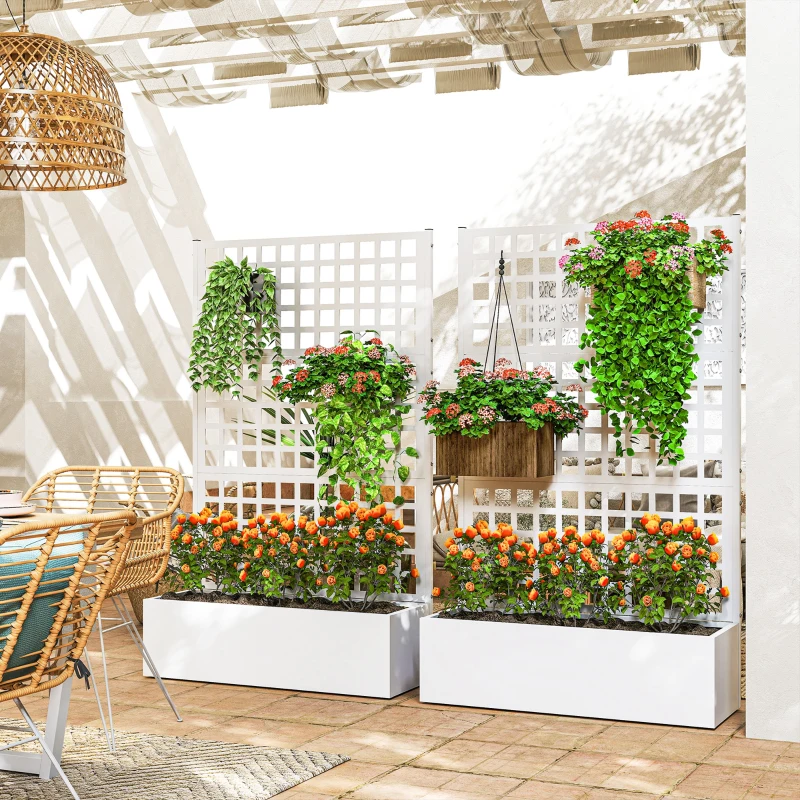 Outsunny Galvanized Raised Garden Bed Planter Box with Trellis for Climbing Plants, Vegetable, Vines, 43" x 16" x 70", White