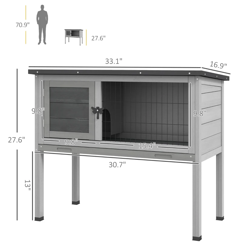 PawHut Elevated Rabbit Hutch, Wooden Bunny Cage with Hinged Asphalt Roof and Removable Tray, for Indoor/Outdoor, Gray