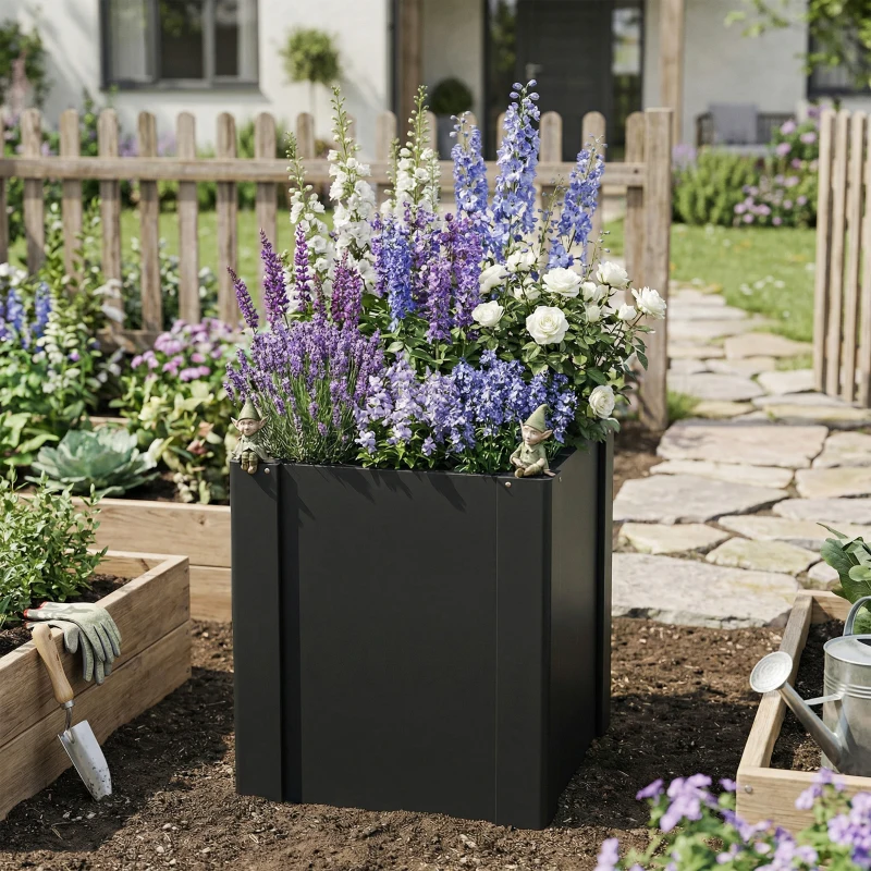 Outsunny Raised Garden Bed Galvanized Planter Box Outdoor with Gloves for Gardening Vegetables, Flower, Herb, 1.4 x 1.4 x 1.5 ft, Black