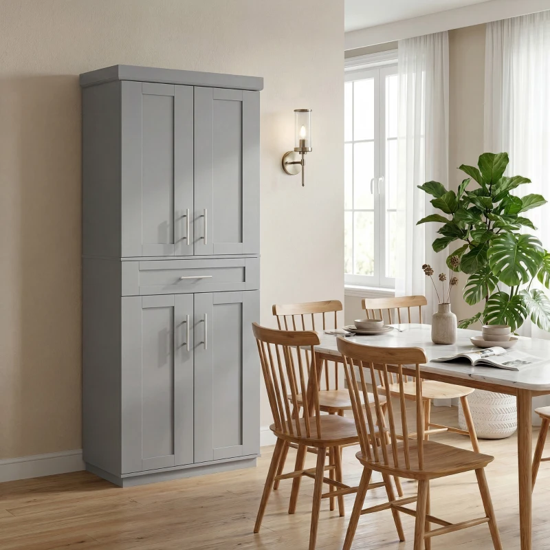 HOMCOM Modern Kitchen Pantry Freestanding Cabinet Cupboard with Doors and Drawer, Adjustable Shelving, Gray