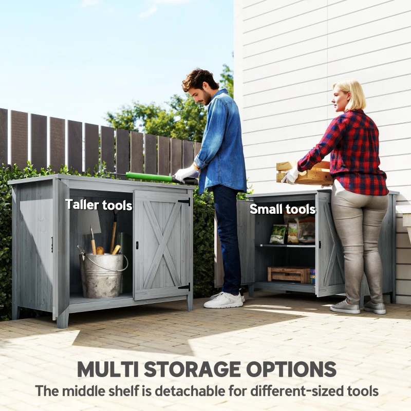 Outsunny Wooden Outdoor Storage Cabinet, Garden Shed Potting Shed with Shelf and Double Doors, Light Gray