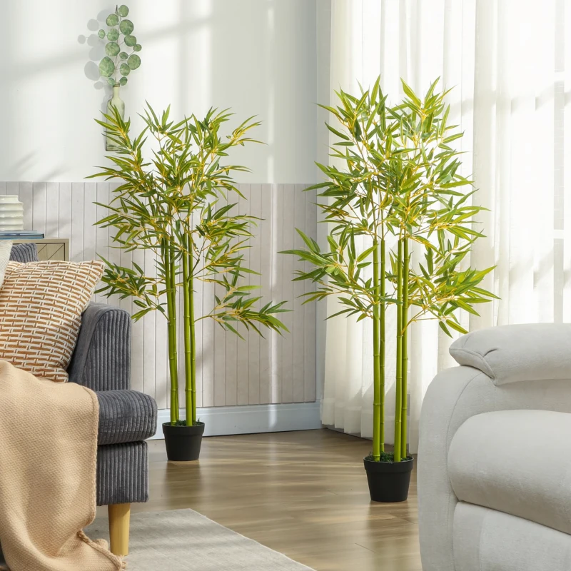 Outsunny 4FT Artificial Bamboo Tree Set of 2, Faux Decorative Plant in Nursery Pot for Indoor Decor