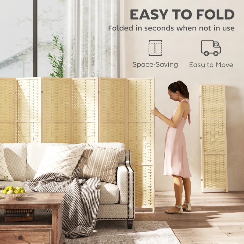 HOMCOM 6-Panel Room Divider, 5.6 FT Freestanding Folding Privacy Screen, Partition Wall Divider, Natural Wood