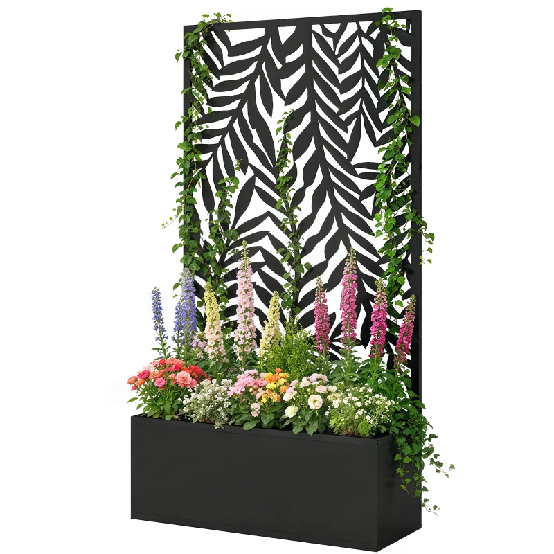 Outsunny Metal Planter Box with Trellis, 44.5" Raised Garden Bed with Trellis Privacy Screen for Climbing Plants
