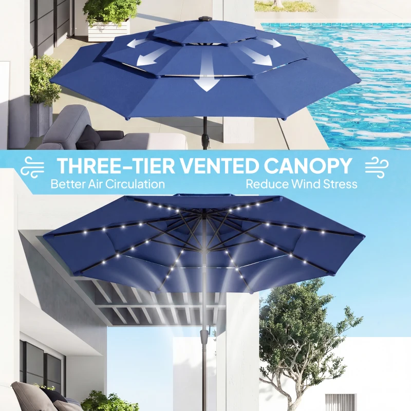 Outsunny 9.7 ft Outdoor Patio Umbrella with Solar LED Lights, 3 Tier Outdoor Table Umbrella with Tilt, Crank, Navy Blue