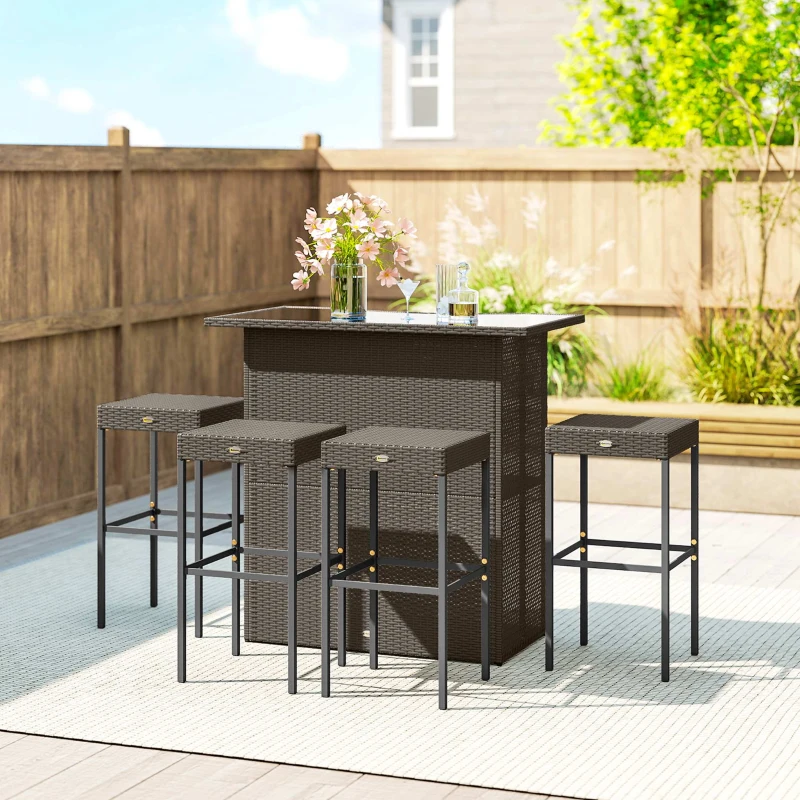 Outsunny 5 Piece Rattan Wicker Bar Set, High Top Outdoor Table and Chairs, Bar Height Patio Set, 2 Shelves & 4 Bar Stools, Brown