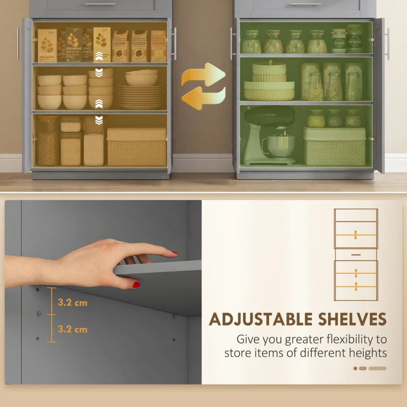 HOMCOM Modern Kitchen Pantry Freestanding Cabinet Cupboard with Doors and Drawer, Adjustable Shelving, Gray