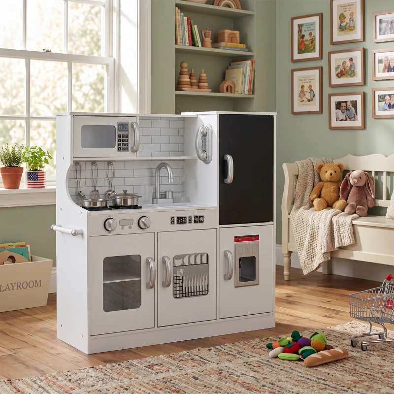 Qaba Pretend Play Kitchen, Kids Kitchen Playset with Play Phone, Chalkboard, Towel Rack & Ice Maker for 3-8 Years White