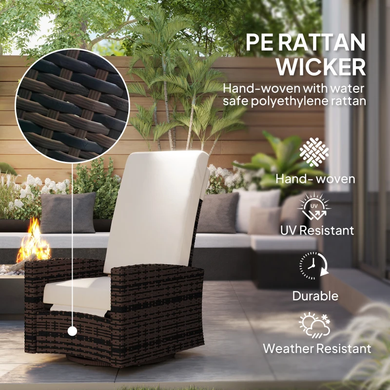 Outsunny Outdoor Wicker Swivel Recliner Chair, Lifting Footrest, 360° Rotating Basic, Water-resistant Cushions, Khaki
