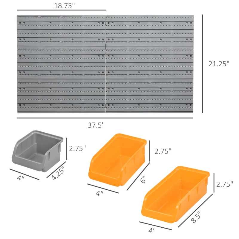 DURHAND 44 PCS Wall Mounted Pegboard Tool Organizer Rack Kit with Various Sized Storage Bins, Pegboard and Hooks, Orange