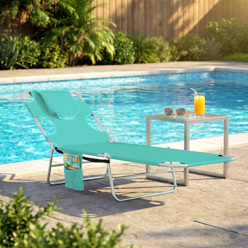 Outsunny Tanning Chair with Face Hole, 5-Level Adjustable Outdoor Chaise Lounge Chair with Pillow for Beach, Pool, Light Green