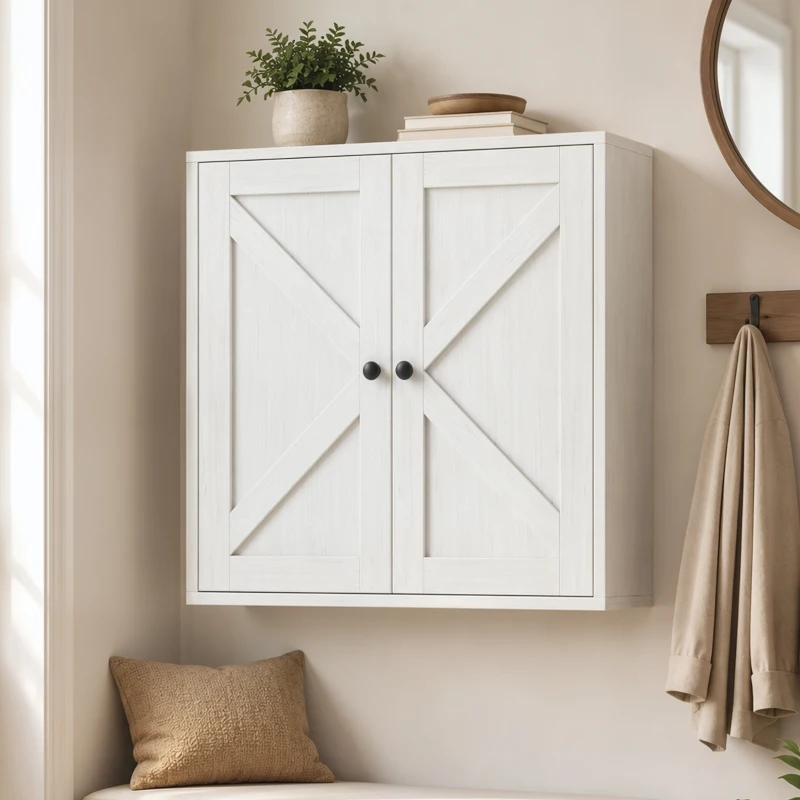 HOMCOM Bathroom Wall Cabinet, Farmhouse Bathroom Cabinet Wall Mount with 2 Shelves, White Wood Grain