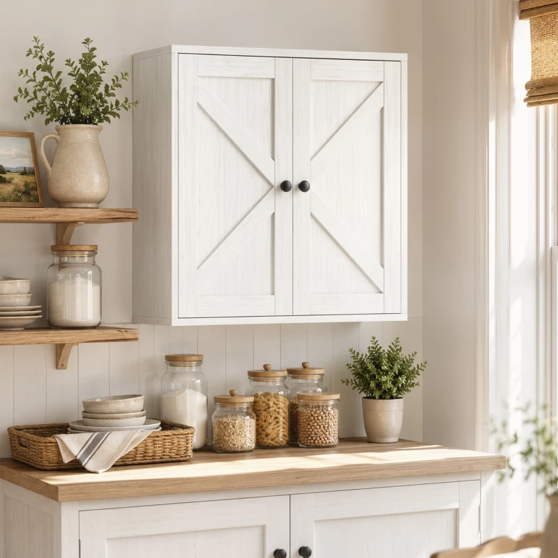 HOMCOM Bathroom Wall Cabinet, Farmhouse Bathroom Cabinet Wall Mount with 2 Shelves, White Wood Grain