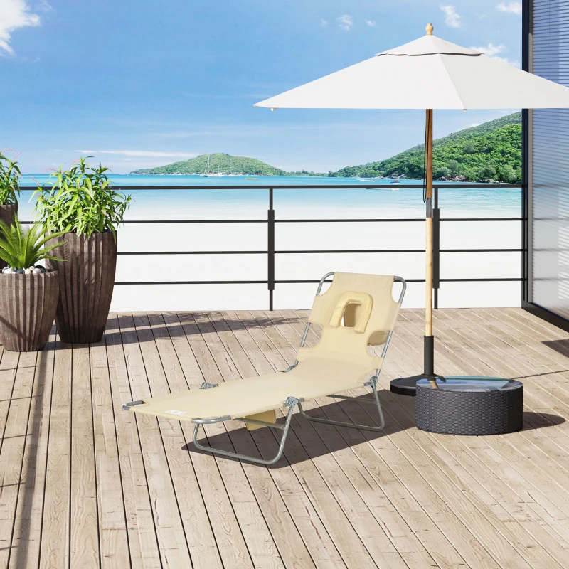 Outsunny Tanning Chair with Face Hole, 5-Level Adjustable Outdoor Chaise Lounge Chair with Pillow for Beach, Pool, Beige