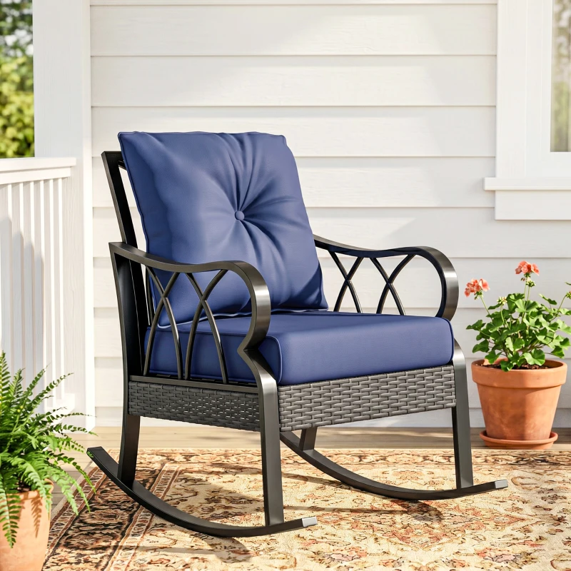Outsunny Outdoor Wicker Rocking Chair with Padded Cushions, Aluminum Furniture, Rattan Porch Rocker Chair w/ Armrest, Navy Blue