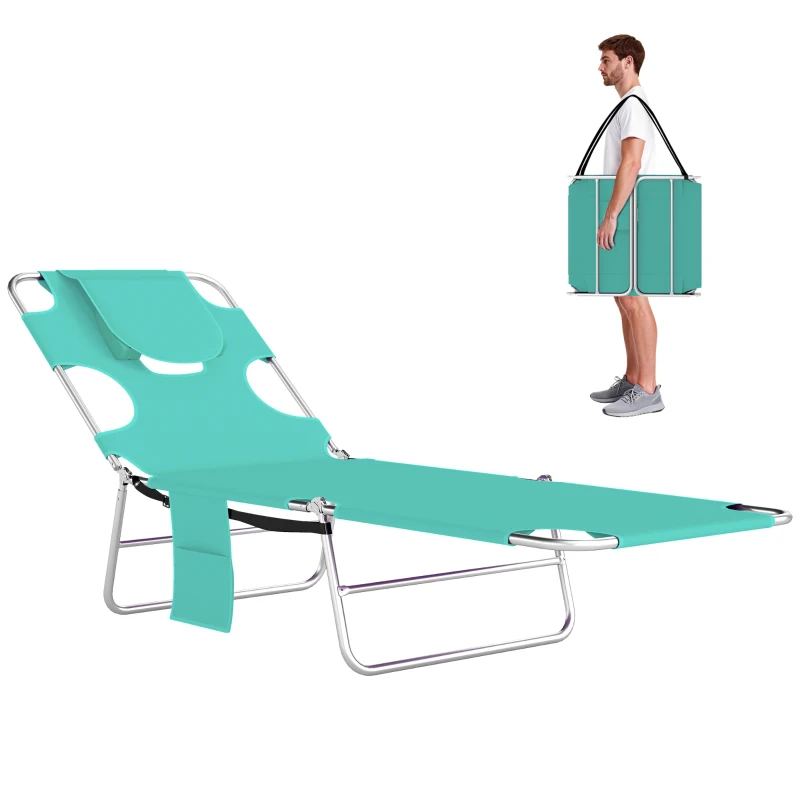 Outsunny Tanning Chair with Face Hole, 5-Level Adjustable Outdoor Chaise Lounge Chair with Pillow for Beach, Pool, Light Green