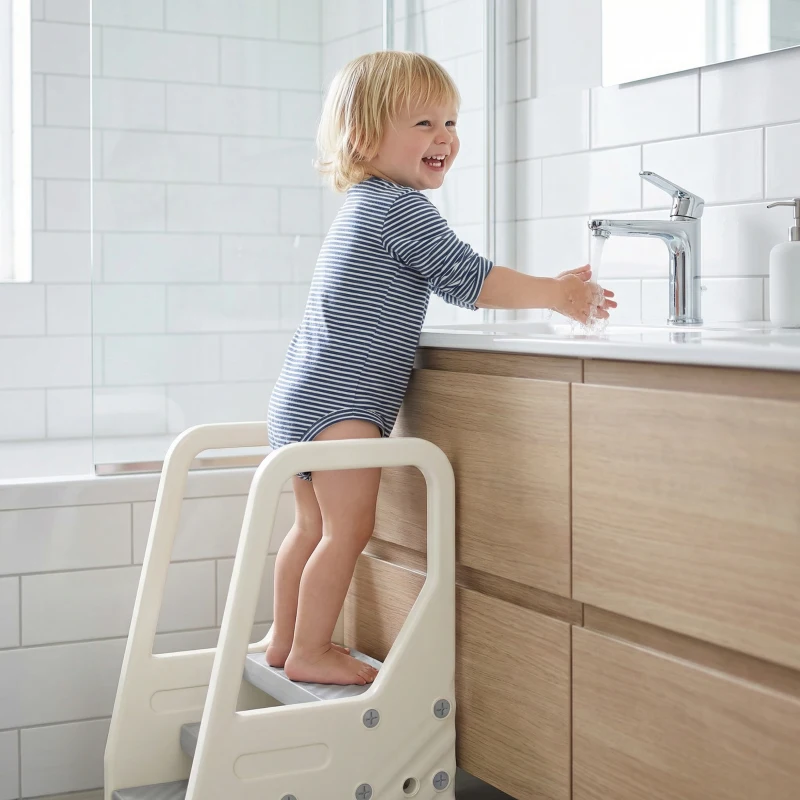 Qaba Adjustable 3 Step Toddler Tower with Handles, Non-slip Surface & Foot Pads, Gray