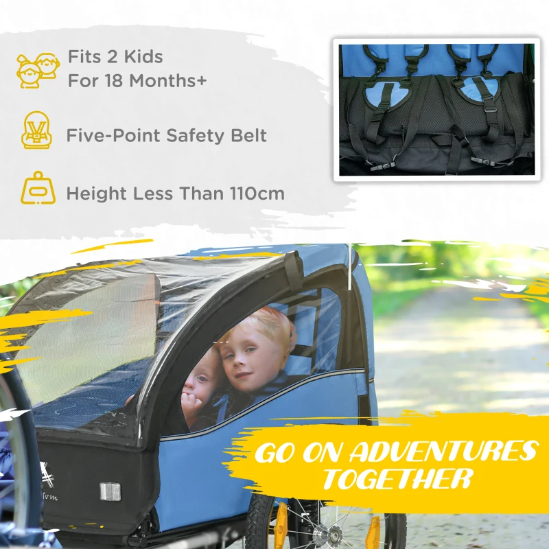 Aosom 2 Seat Bike Trailer for Kids, Bicycle Trailer with Storage Bag, 5 Point Harness, Bicycle Trailer with 20" Wheels, Blue