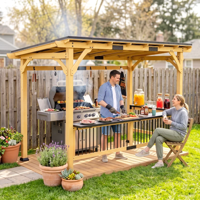 Outsunny 13' x 6' Wooden BBQ Grill Gazebo, Outdoor Hardtop Grill Gazebo with Metal Roof, 2 Bar Shelves and 6 Hooks, Natural