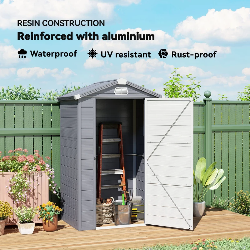 Outsunny 4.4' x 3.3' Plastic Garden Storage Shed with Latch Door, Vents, Sloped Roof, Grey