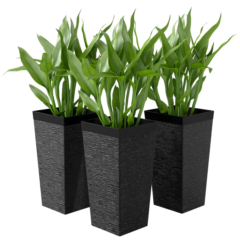 Outsunny 22.8 Inch Set of 3 Outdoor Planters with Stone Finish and Wheels, Stackable Tapered Planters with Drainage Hole, Black