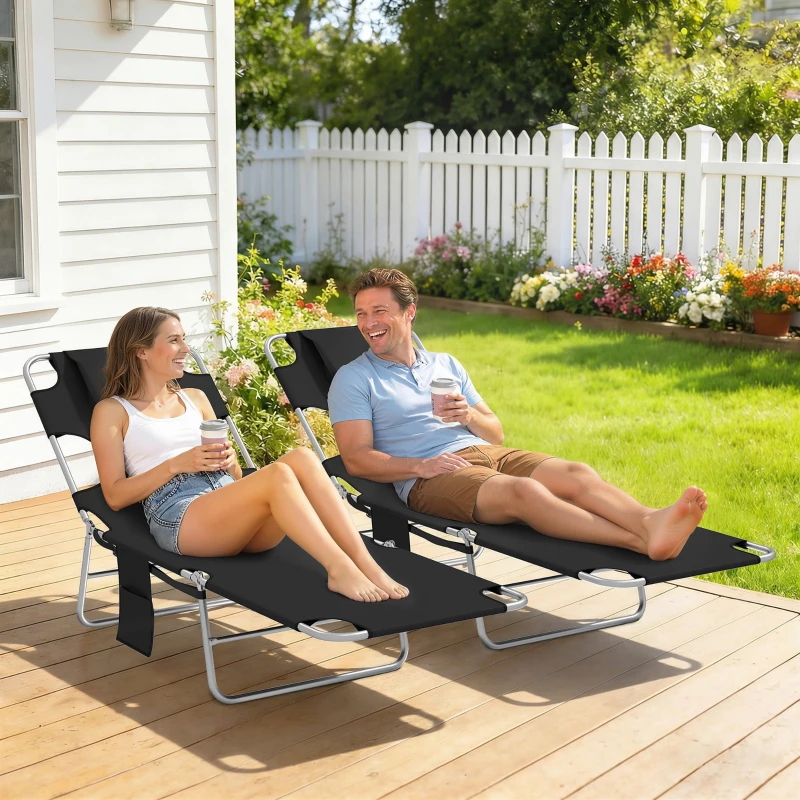 Outsunny 2 Tanning Chairs with Face Hole, 5-Level Adjustable Outdoor Chaise Lounge Chair with Pillow for Beach, Pool, Black