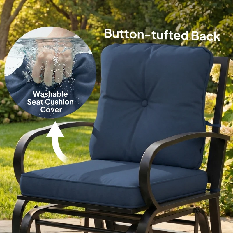 Outsunny Patio Glider, Outdoor Glider Chair with Cushions, Steel Frame, Curved Armrests, Dark Blue