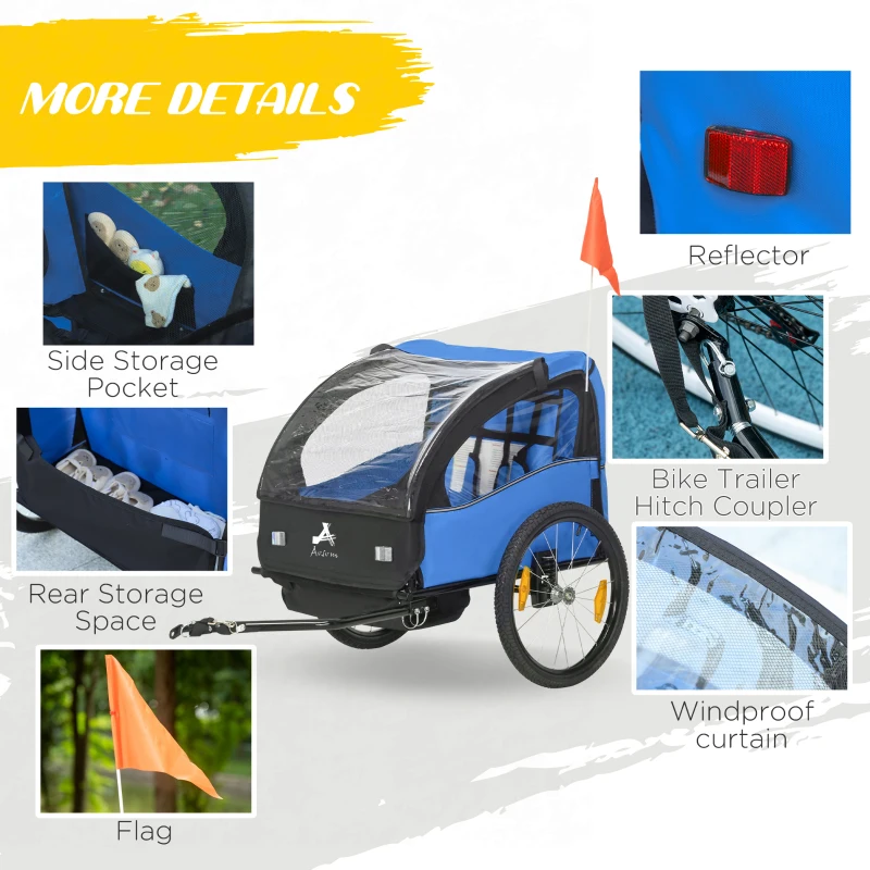 Aosom 2 Seat Bike Trailer for Kids, Bicycle Trailer with Storage Bag, 5 Point Harness, Bicycle Trailer with 20" Wheels, Blue