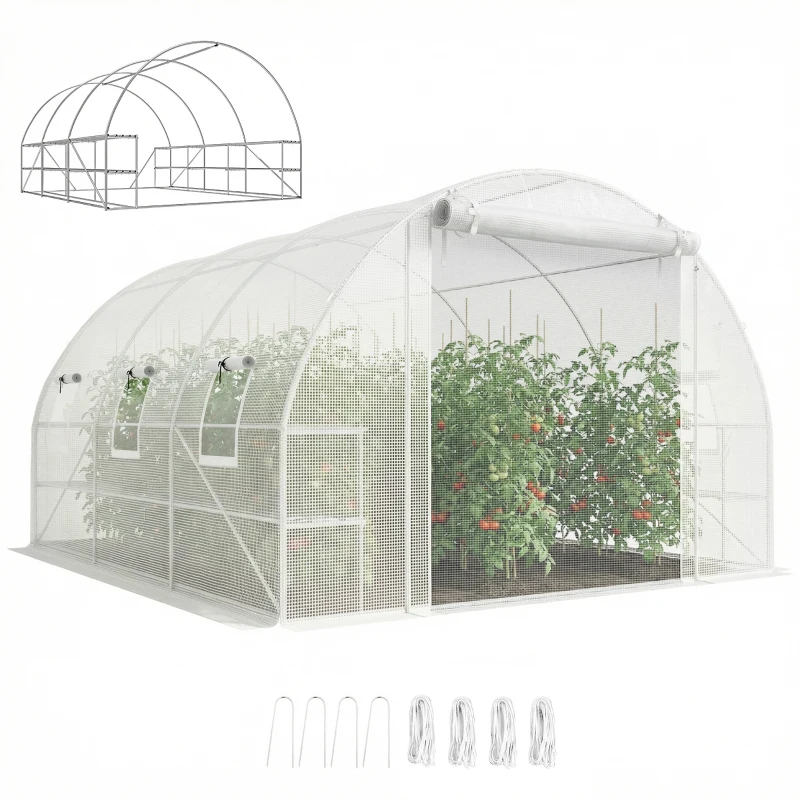 Outsunny 10'x11'x6' Walk-in Tunnel Greenhouse with Shelves, Mesh Door and Windows, Hoop House Greenhouse with PE Cover, White