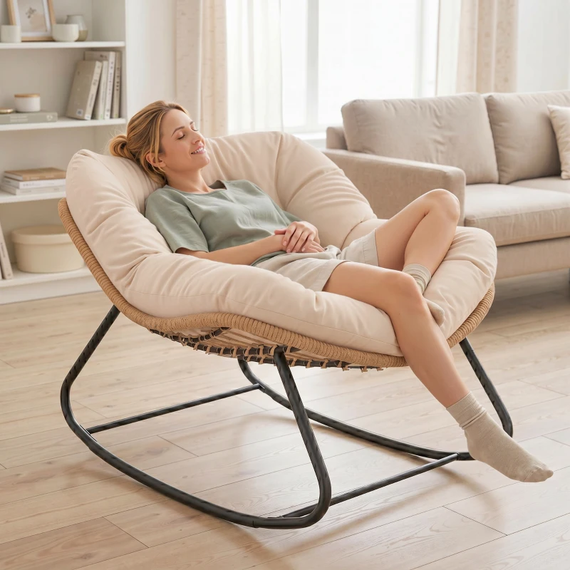 Outsunny Indoor Outdoor Papasan Rocking Chair, Oversized Rocking Egg Chair with Cushion for Garden, Patio, Cream White