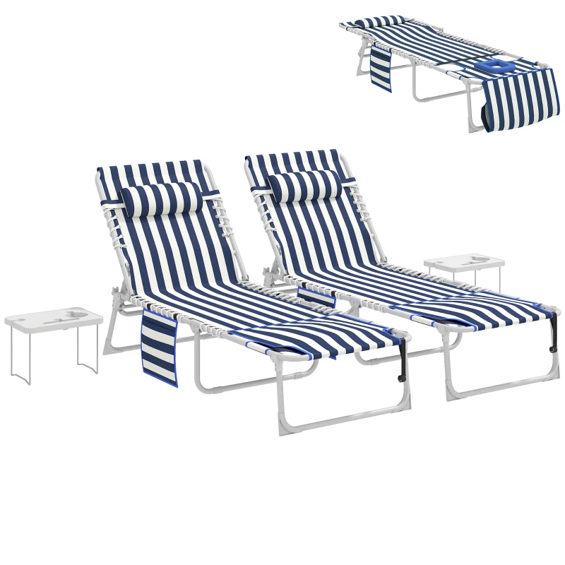 Outsunny Tanning Chair Set of 2 with Face Hole and Side Table, 5-Position Folding Outdoor Chaise Lounge Chair, Blue and White