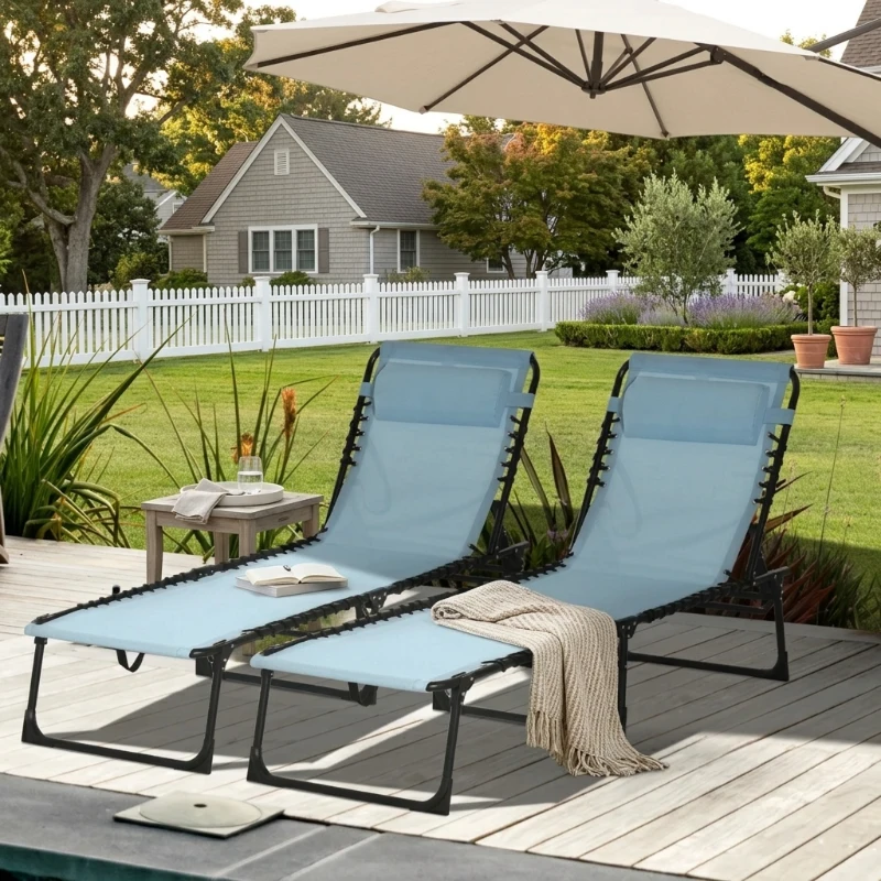 Outsunny Set of 2 Folding Chaise Lounge Chairs, Outdoor Sun Tanning Chairs with Reclining Back, Light Blue