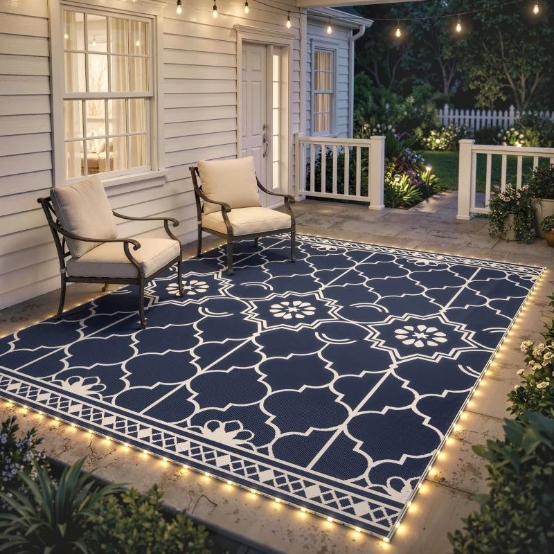 Outsunny Reversible Outdoor Rug Carpet with LED Lights, 12' x 9' PP Straw Rug with Carry Bag and Ground Stakes