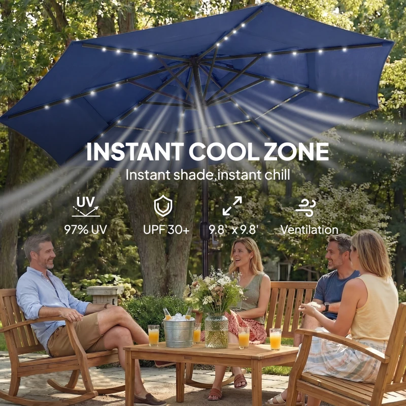 Outsunny 9.7 ft Outdoor Patio Umbrella with Solar LED Lights, 3 Tier Outdoor Table Umbrella with Tilt, Crank, Navy Blue