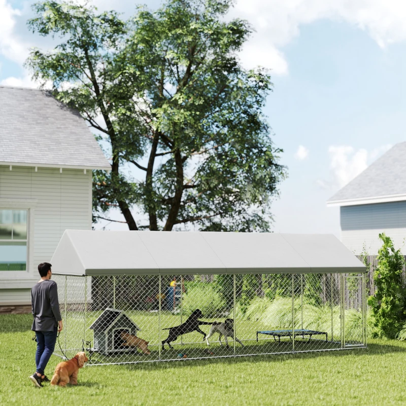 PawHut Heavy Duty Outdoor Dog Kennel with Waterproof Roof, Secure Latch, Chain Link Dog Run for Backyard, 20' x 7.5' x 8'