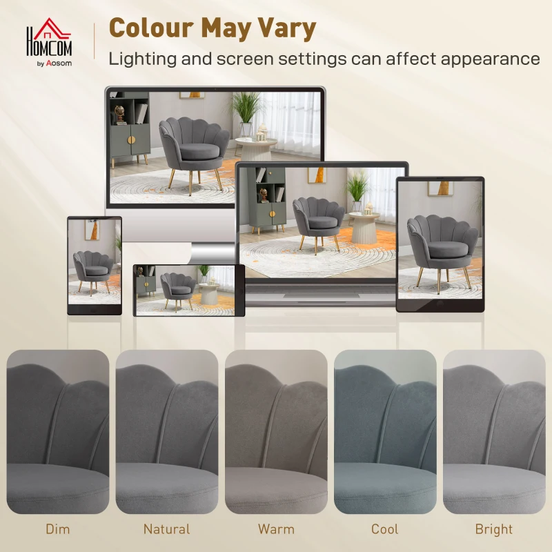 HOMCOM Modern Accent Chair, Velvet-Touch Fabric Leisure Club Chair with Gold Metal Legs for Bedroom, Grey