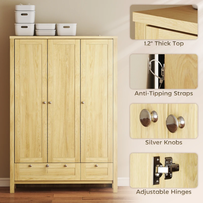 HOMCOM 3 Doors Wardrobe Closet with 2 Drawers, Bedroom Armoire with Lockable Drawer, Hanging Rod and Storage Shelves, Natural