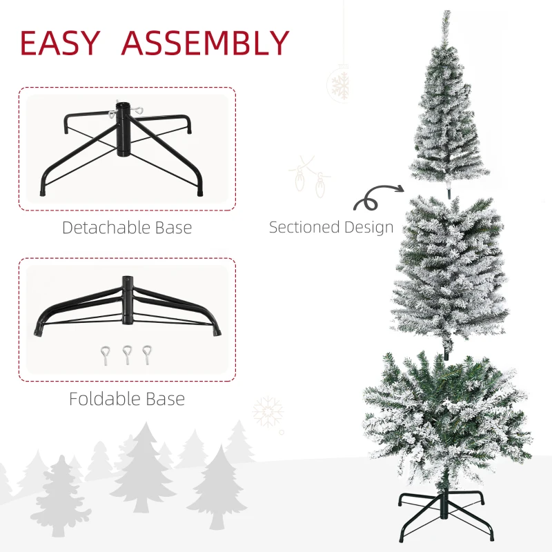 HOMCOM 7.5ft Flocked Christmas Tree, Pencil Artificial Xmas Tree with Faux Snow, Dense Branches, Foldable Metal Base for Indoor Holiday Decor