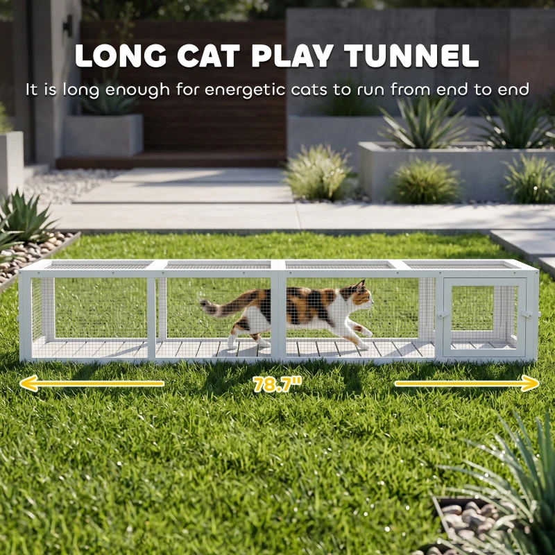 PawHut Wooden Cat Run with Weather Protection, Connecting Inside and Outside, 79"L x 15"W x 15"H, White