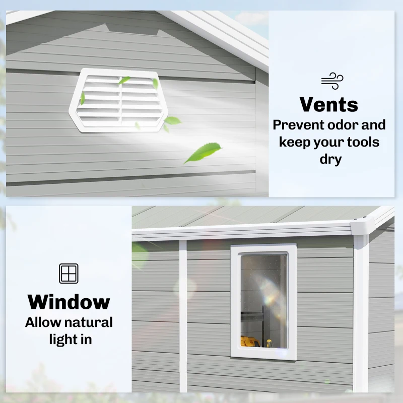 Outsunny 8' x 6' Garden Storage Shed, Outdoor Tool & Equipment Storage House with Wide Door, Foundation Kit, Vents, Window, Light Grey