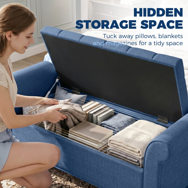 HOMCOM 47" Storage Ottoman Bench, Tufted End of Bed Bench with Rolled Arms, Safety Hinge, Wood Legs for Bedroom, Blue