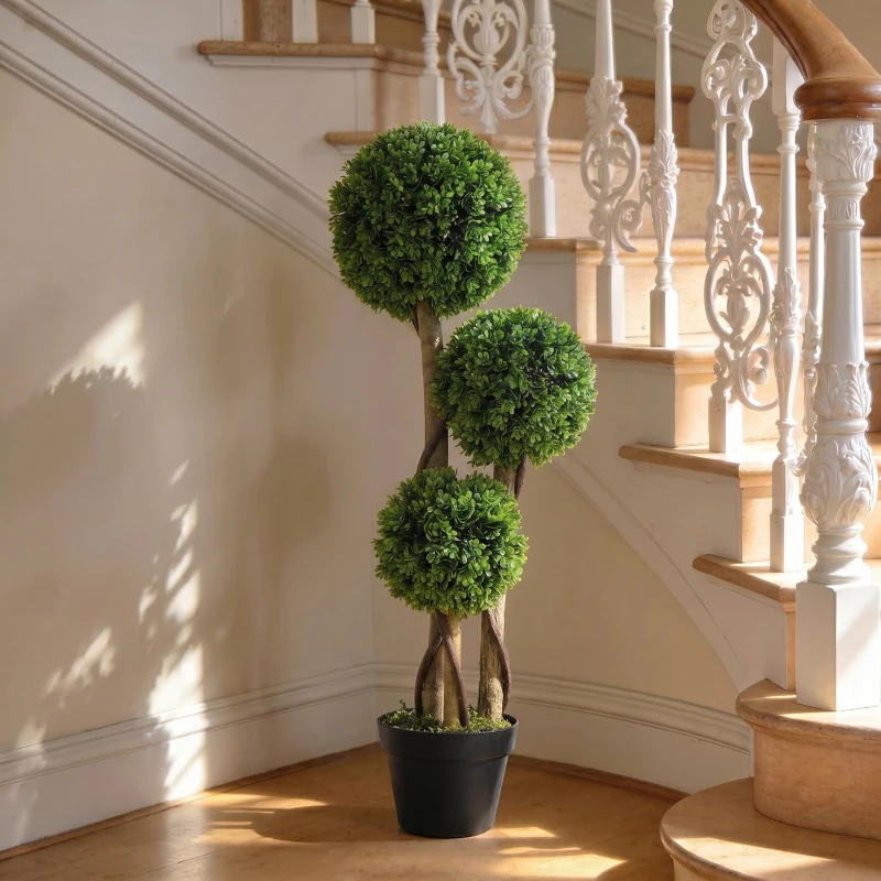 HOMCOM 35.5" Artificial Ball Boxwood Topiary Tree Fake Plant in Pot for Indoor Outdoor Living Room Decoration Light Green