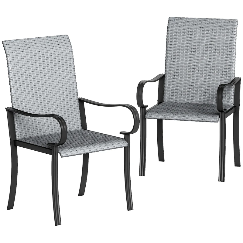 Outsunny Set of 2 Outdoor Wicker Dining Chairs with Armrest, Steel Frame, High Back and Deep Seating, Gray