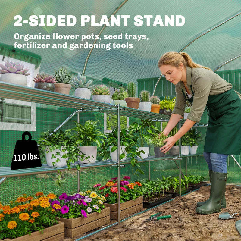 Outsunny 10'x11'x6' Walk-in Tunnel Greenhouse with Shelves, Mesh Door and Windows, Plant Hot House with PE Cover, Green
