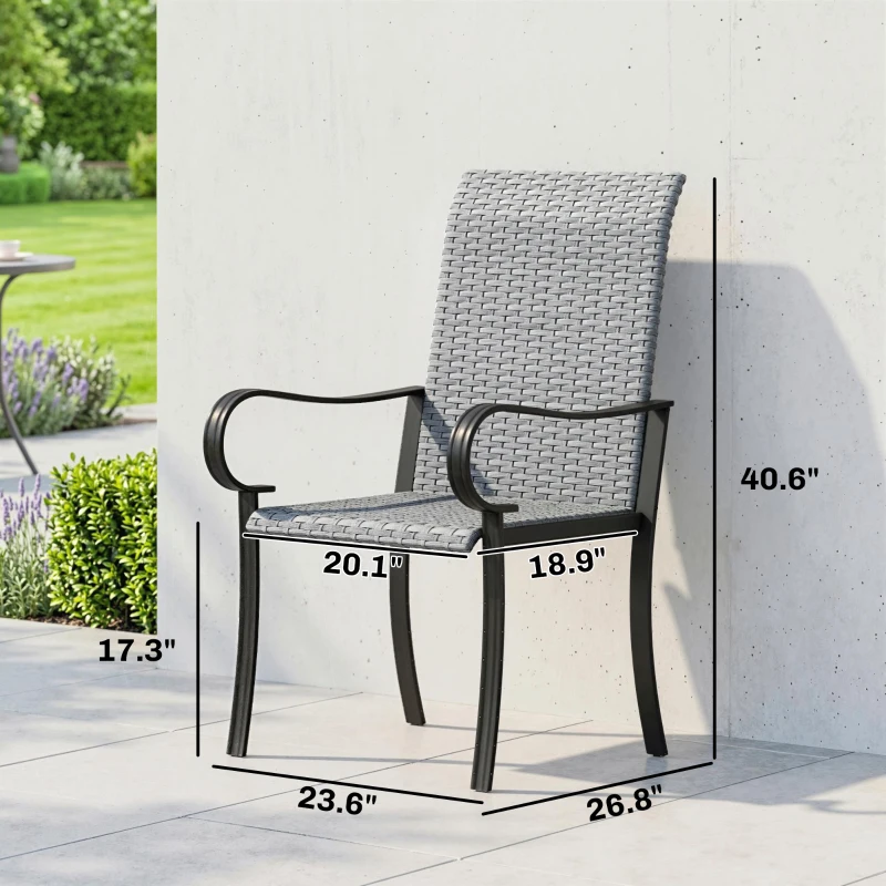 Outsunny Set of 2 Outdoor Wicker Dining Chairs with Armrest, Steel Frame, High Back and Deep Seating, Gray
