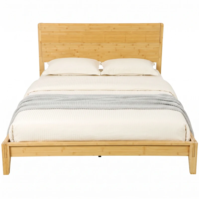 HOMCOM Queen Size Bamboo Platform Bed Frame with Headboard and 12 Poplar Slats, No Box Spring Needed, Easy Assembly, Natural