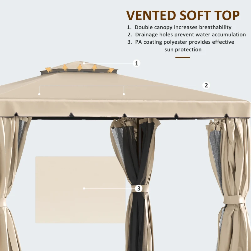 Outsunny 10' x 10' Patio Gazebo, Aluminum Frame Double Roof Outdoor Gazebo Canopy Shelter with Netting & Curtains, Khaki